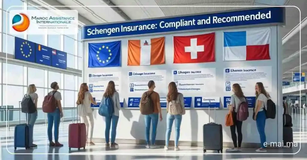 Les 5 Points Essentiels à Connaître sur l'Assurance Voyage Air 5 Assurance Schengen posée à côté d’un visa européen et d’un drapeau UE à l'aéroport