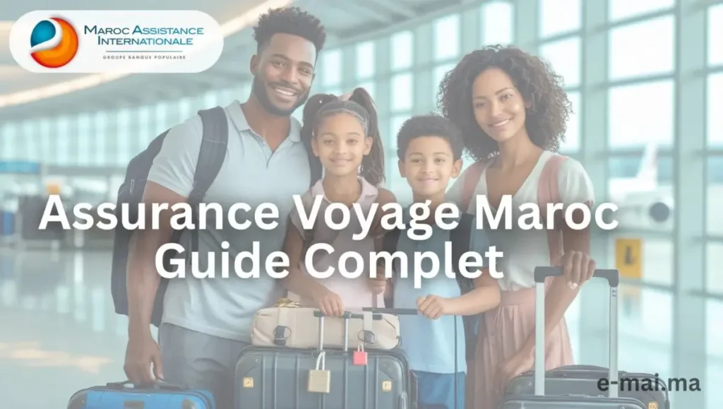 Guide Complet: Assurance Voyage Maroc - Tout Ce Que Vous Devez Savoir en 2025 3 Famille souriante à l'aéroport prête à voyager avec des valises, représentant un guide sur l'assurance voyage Maroc