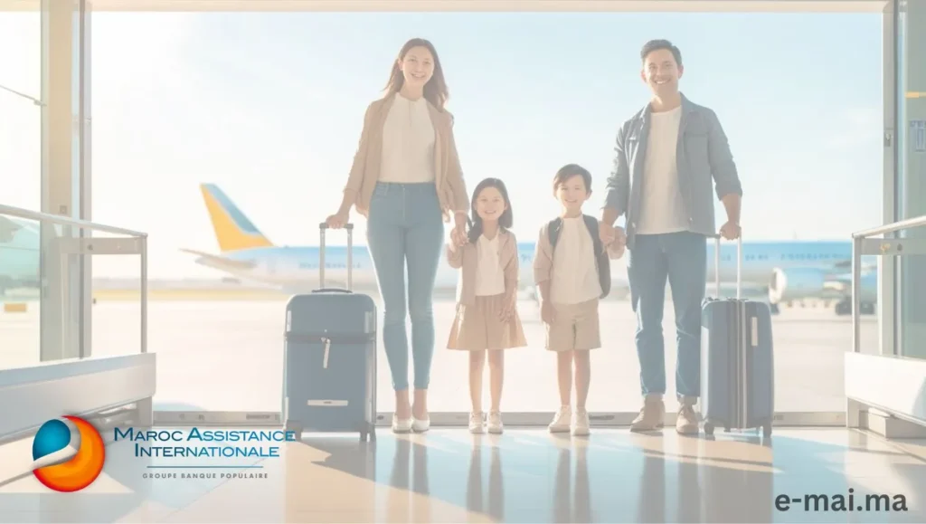 Guide Complet: Assurance Voyage Maroc - Tout Ce Que Vous Devez Savoir en 2025 4 Famille à l'aéroport prête à voyager avec une assurance voyage Maroc