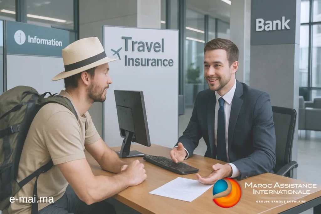 Comment Choisir votre Meilleure Assurance Voyage Banque ? 2 Un commercial explique à un visiteur de banque pourquoi il doit choisir une assurance voyage banque