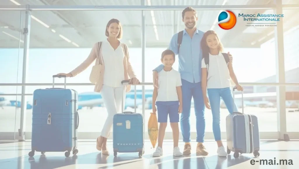Guide Complet: Assurance Voyage Maroc - Tout Ce Que Vous Devez Savoir en 2025 6 Famille à l’aéroport avec bagages, illustrant les obligations et garanties de l’assurance voyage Maroc pour visa