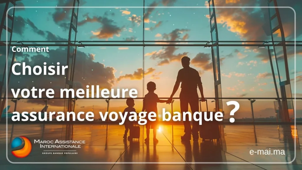 Comment Choisir la Meilleure Assurance Voyage Banque Pour Vos Besoins? Famille dans un aéroport au coucher du soleil tenant des valises, illustrant le choix d'une assurance voyage banque idéale