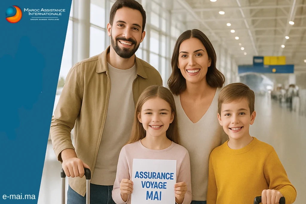 Comment Choisir votre Meilleure Assurance Voyage Banque ? 3 Famille souriante dans un aéroport tenant une affiche “ASSURANCE VOYAGE MAI”, représentant une solution complémentaire à une assurance voyage banque.