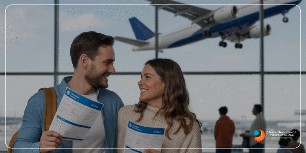 Couple heureux à l’aéroport prêt à voyager grâce à leur assurance voyage santé et leur couverture santé internationale.
