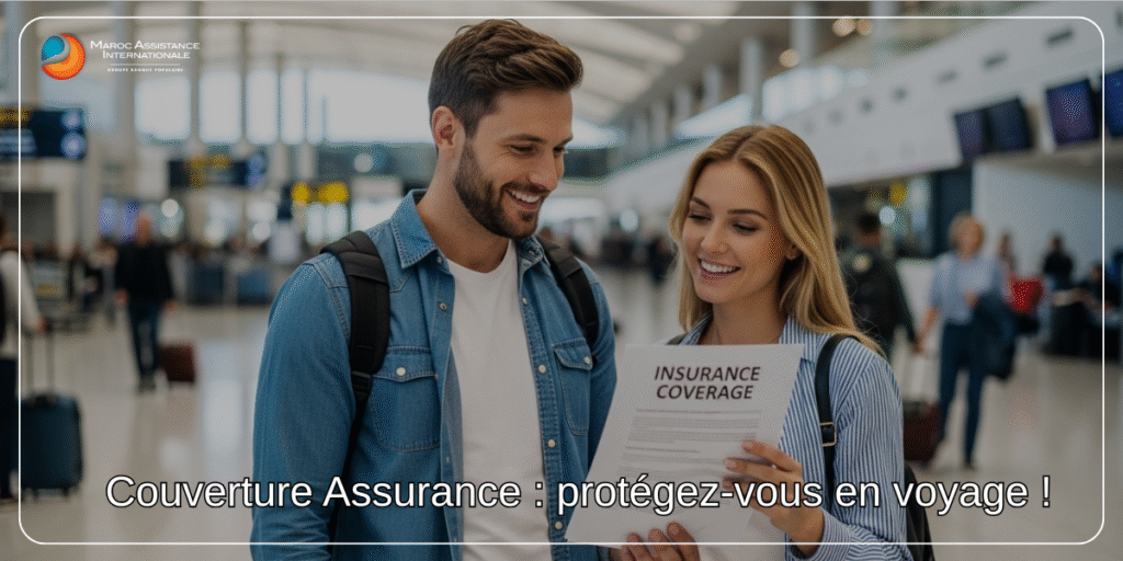 Couverture assurance voyage – un couple vérifiant son assurance avant de partir à l’aéroport
