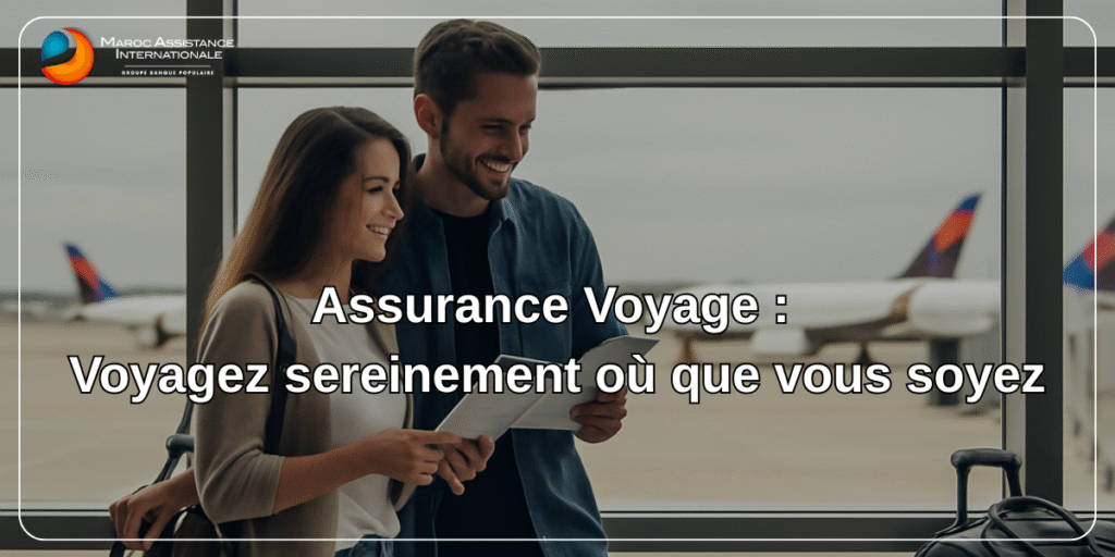 Assurance Voyage : Voyagez sereinement où que vous soyez 2 Jeune couple souriant à l’aéroport, prêt à voyager l’esprit tranquille grâce à leur assurance voyage internationale souscrite en ligne sur e-mai.ma
