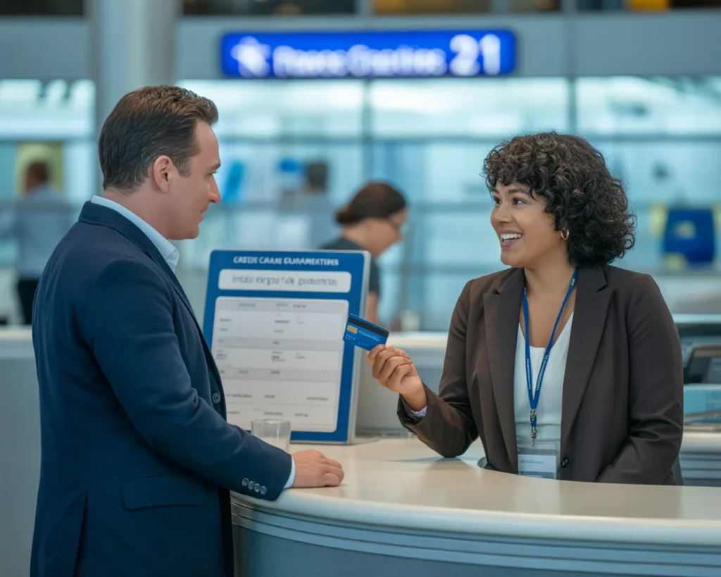 Assurance Voyage Carte Bancaire : ce qu'il faut savoir avant de partir 4 Voyageur à l’aéroport demandant des informations sur l’assurance voyage carte bancaire Visa et Gold au comptoir d’assistance